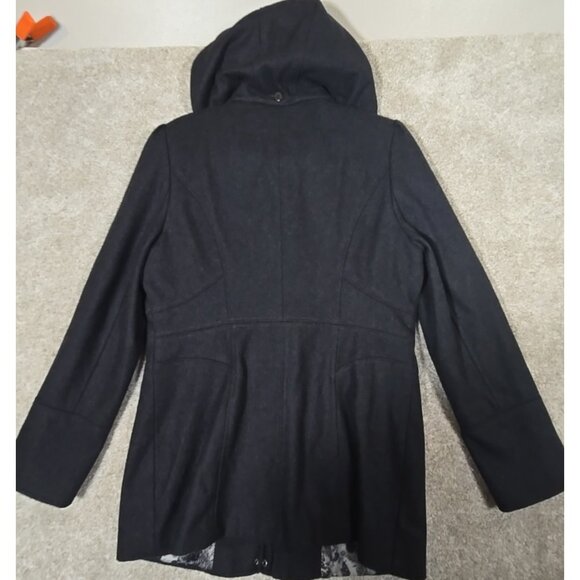 GUESS Wool Blend Winter Coat Gray Lined Toggle Buttons Removable Hood Women's L - Picture 13 of 16